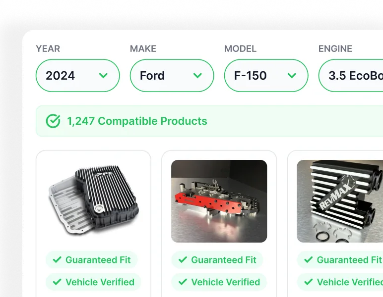 YMM filter panel showing year, make, model dropdowns with compatible products